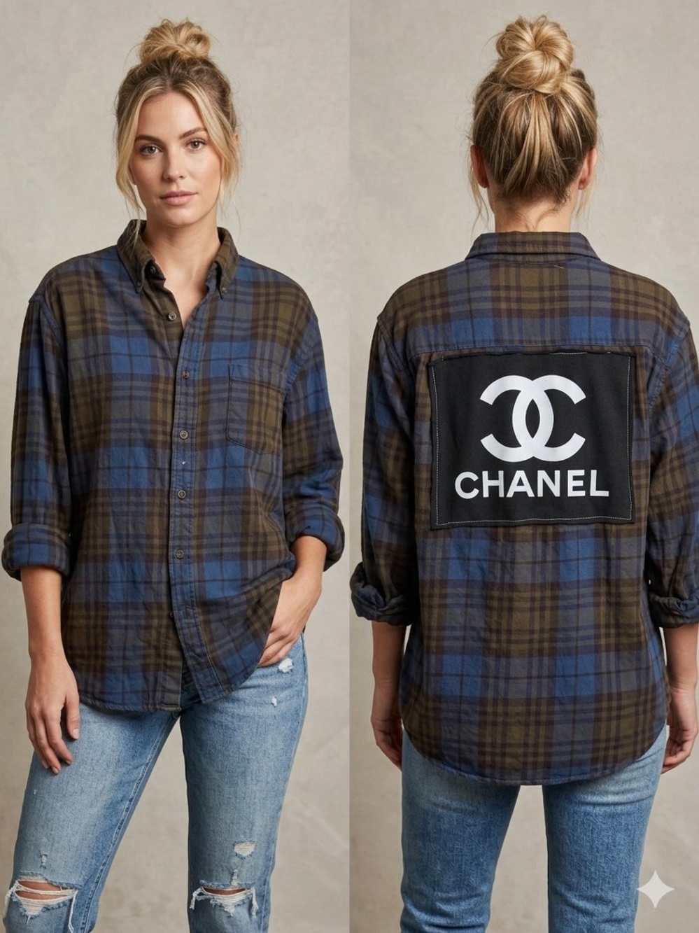 Blue & Brown Plaid Oversized Utility Jacket with ChaneI Logo Patch